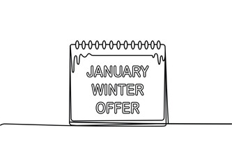 Continuous line drawing of a January winter offer calendar for promotional sales and seasonal discounts