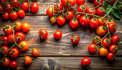 Fresh tomatoes on rustic wood with vine cluster and scattered arrangement, vibrant and natural.