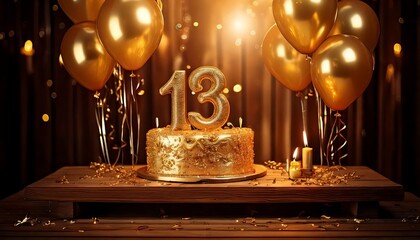 Golden 13th Birthday Celebration with Balloons and Cake