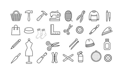 A comprehensive collection of various craft and DIY hobby tools with sewing items in outline vector illustrations