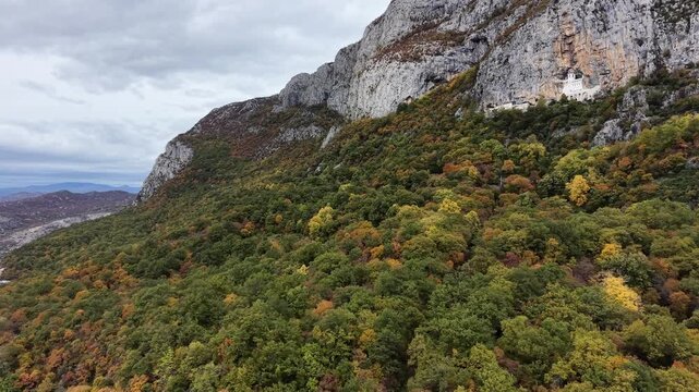 Drone footage flying over Ostrog Monastery in Montenegro