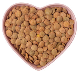 Isolated lentils in heart-shaped on a white background