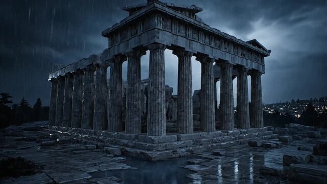 Stormy Night at the Ancient Greek Parthenon with Lightning and Rainy Sky