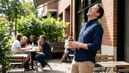 Young Man Enjoying Coffee Outdoors in Urban Setting.
