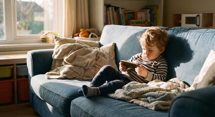 Young Boy Using Smartphone on Sofa