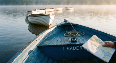 Leader Boat with Map on Misty Lake