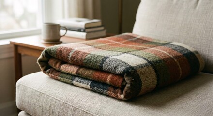 Folded Plaid Wool Blanket on Sofa