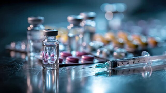 Medical supplies including vials, syringe, and pills, medical, healthcare, medicine, drugs, pills, capsules