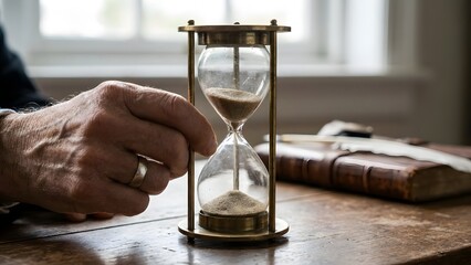 Close-up of Hand Turning Hourglass on Wooden Table.
