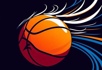 Stylized graphic of a basketball with swirling lines of motion, suggesting speed and energy Simple and bold design,  motion,  graphic