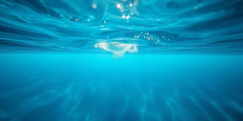 Obraz premium Underwater perspective of a fluid form propelling through clear blue water, sun rays illuminating ripples and creating a tranquil scene, serene, dive