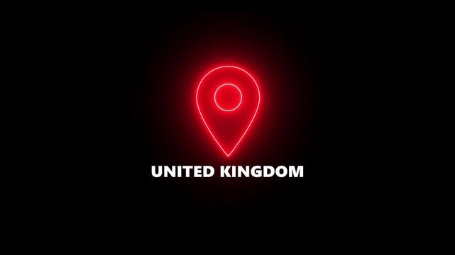 Red Neon Location Pin Icon with UNITEDKINGDOM Text on Black Background United Kingdom map marker