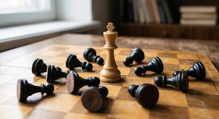 White Chess King Standing Among Fallen Pawns