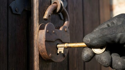 Close-up of a Hand Unlocking Wooden Gate with Key.