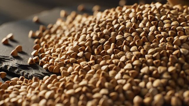 Close-up shot of golden wheat grains spilling from a metal sifter onto a surface with a shallow depth of field, warm tones.