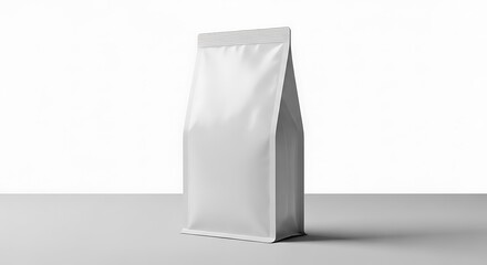 A plain white standup pouch bag with a flat bottom, isolated on a white background, perfect for product packaging mockups and design