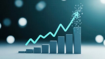 Teal 3d bar graph with rising line chart and particles on dark background with bokeh lights, business growth concept