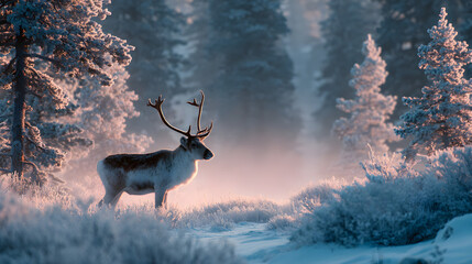 Reindeer in winter forest