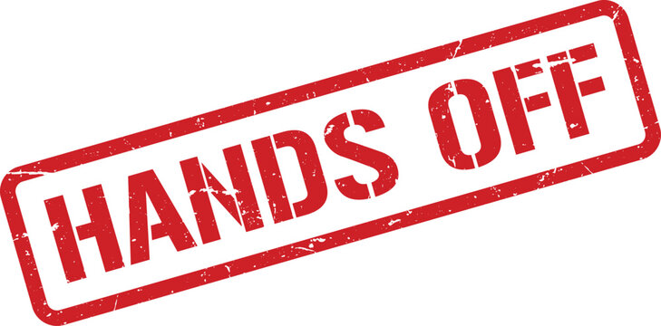 Red Hands Off Rubber Stamp Impression with Grunge Texture on a White Background