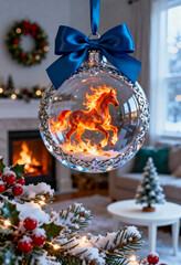 Flaming Horse Ornament in Festive Christmas Setting: A stunning glass bauble with a fiery running horse figurine, deep blue bow, fireplace glow, and snowy winter window view
