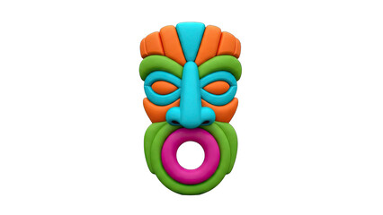 Vibrant Textured Tiki Mask with Bold Orange Blue Green and Pink Colors Isolated on Black Background
