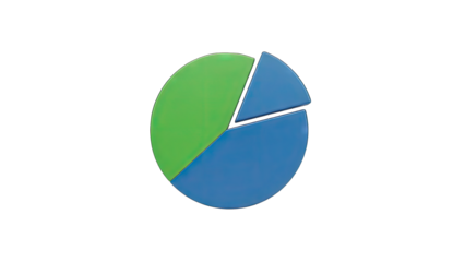 Vibrant Three Dimensional Pie Chart Graphic Featuring Blue and Green Slices Isolated on a Transparent Background Illustrating Data Representation and Analytics