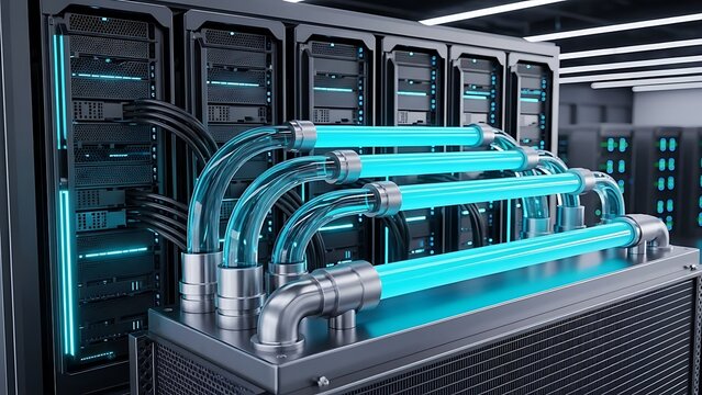 Advanced liquid cooling system pipes connected to dark data center server racks