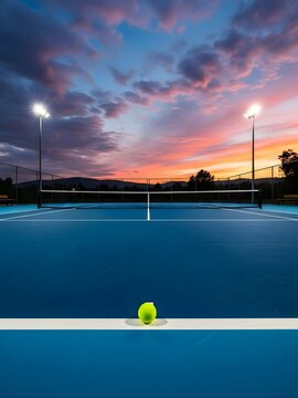 tennis court at sunset, Empty blue tennis courts with pickleball lines and lights on at dusk. A yellow ball rests on a white line on the court. The sky shows sunset colors with clouds.