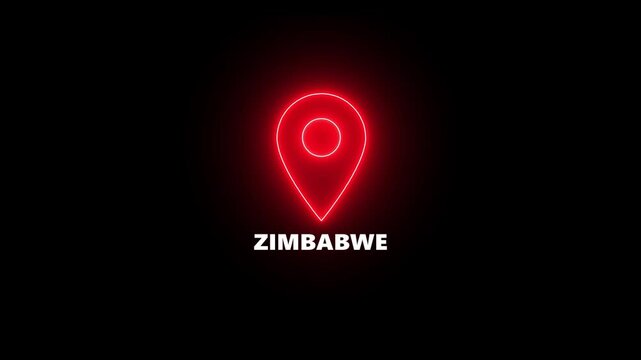 Red Neon Location Pin Icon with Zimbabwe Text on Black Background map marker navigation