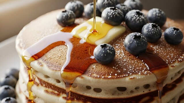 Ultra-detailed best-selling blueberry pancakes stack, dripping maple syrup, powdered sugar, fresh blueberries, appetizing macro shot, gourmet breakfast, 8K food photography
