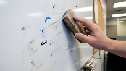Person Cleaning Whiteboard with Eraser in Office.