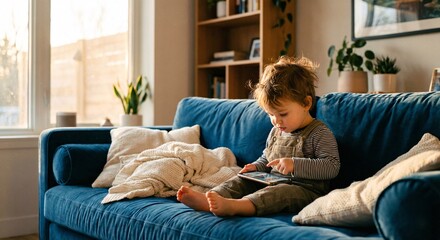 Little Boy Using Smartphone on Cozy Sofa