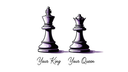 A strategic collection of black chess pieces including the king, queen, and pawn stands on a white background as a concept of business competition and success