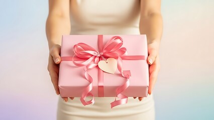 Female hands holding a square pink present decorated with a satin bow