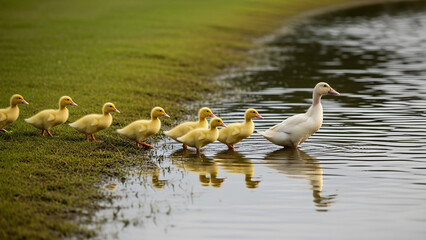 Mother duck leading her ducklings along the pond's edge