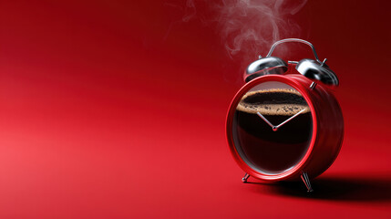 Alarm clock ringing with a steaming cup of hot coffee on a red background. symbolizing the morning wake-up call and energy boost from coffee.
