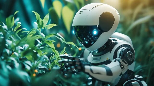 Robot and Plants Harmony: A sleek, modern robot, seamlessly integrated within a vibrant environment of green plants, its technological grace blending with the raw beauty of nature.