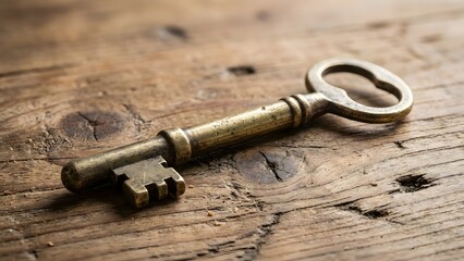 Vintage Brass Key Resting on Wooden Surface.