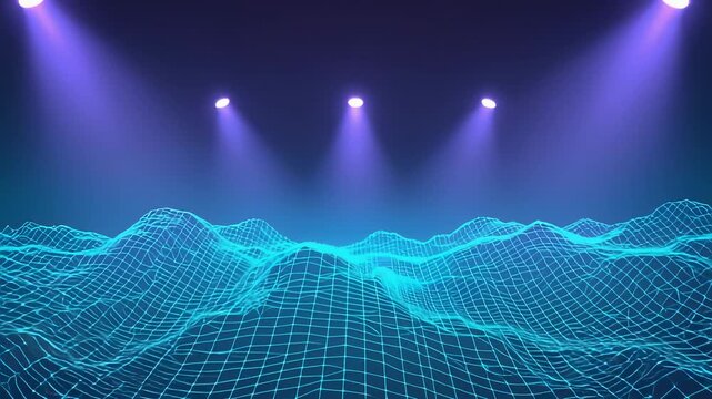 Blue grid waves illuminated by spotlights in dark space