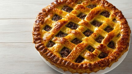 Deliciously baked round pastry with a woven crust sits on a light wooden surface