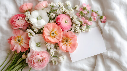 Fresh flower bouquet with a blank note card on white linen, styled in soft natural light for clean and versatile greeting card visuals.