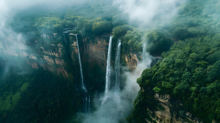 aerial view of huge waterfall dramatic cliffs