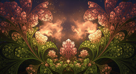 symmetrical abstract digital art featuring fractal-like patterns with floral motifs.