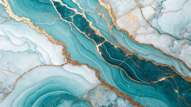 Abstract marble texture with turquoise blue swirls, cloudy white veins, and shimmering bronze-gold cracks creating a luxurious fluid stone pattern