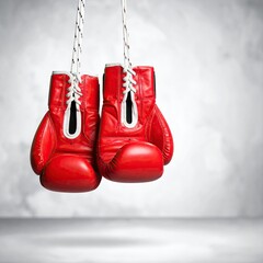 Red boxing gloves hanging from strings against a gray textured background