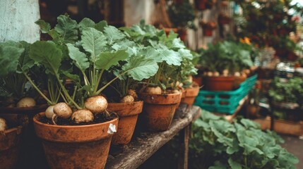Terracotta pots with young plants