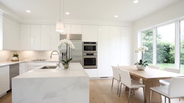 Modern White Kitchen with Marble Island and Stainless Steel Appliances