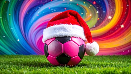 Naklejka premium Soccer ball with Santa hat on grass and festive swirl background.