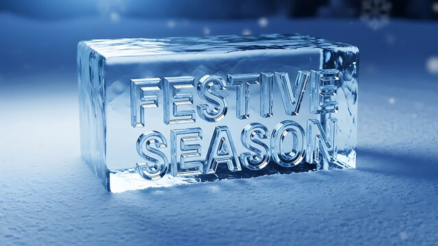 Festive Season text carved in shimmering ice block on snowy winter wonderland background