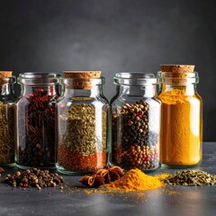 Glass spice jars filled with various spices